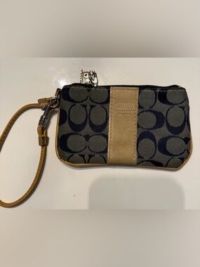 Coach Navy Canvas and Tan Leather Wristlet with Charm